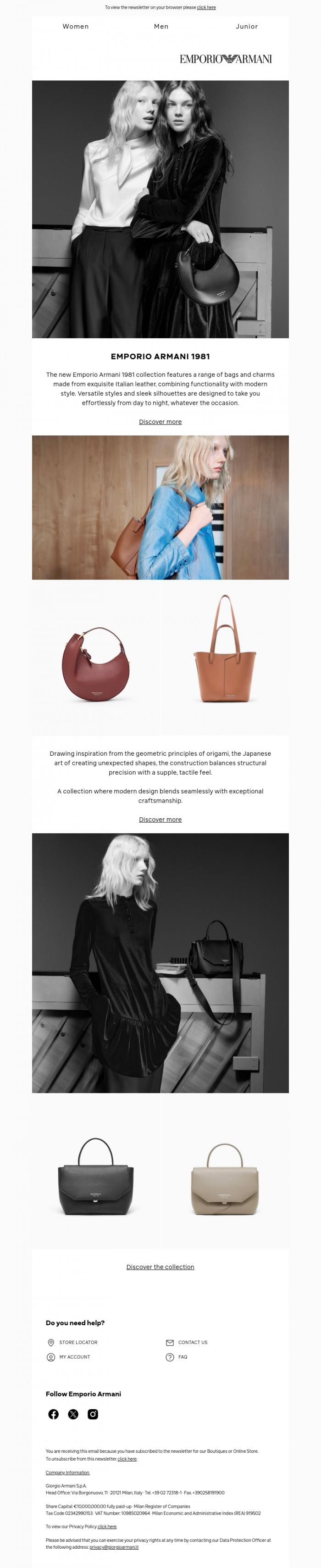 Email Design Inspiration from Emporio Armani, Discover the new Emporio Armani 1981 bags
