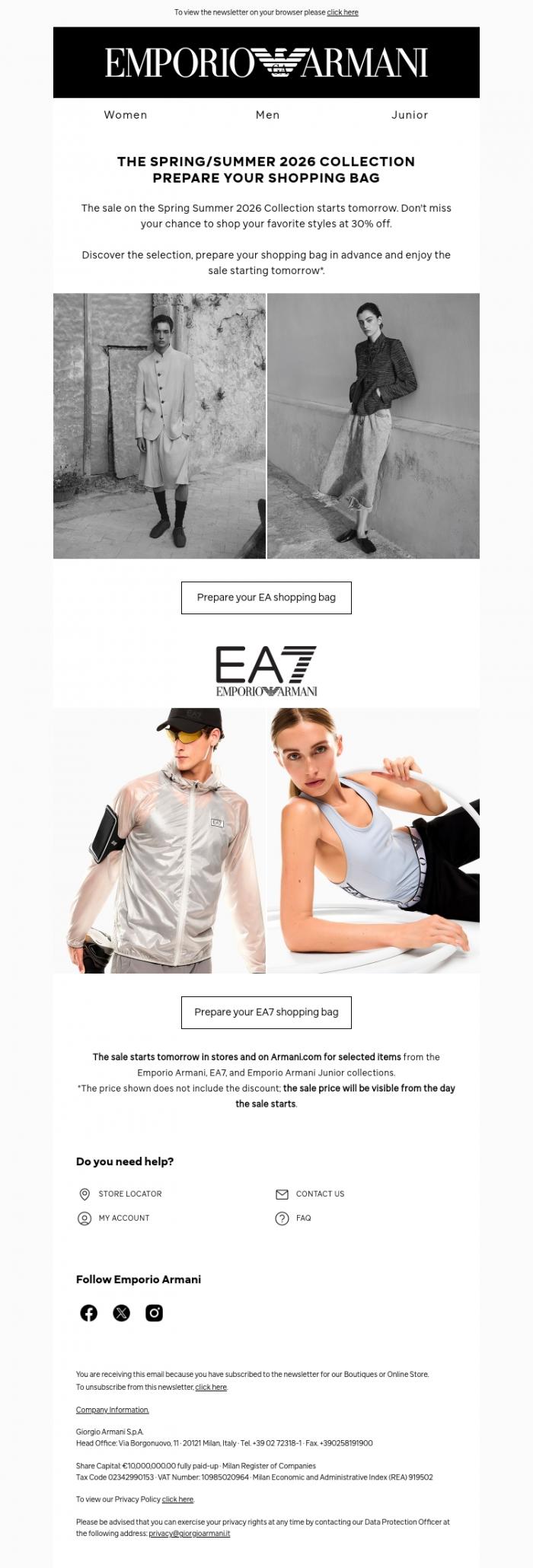 Email Design Inspiration from Emporio Armani, The sale is about to start: prepare your shopping bag