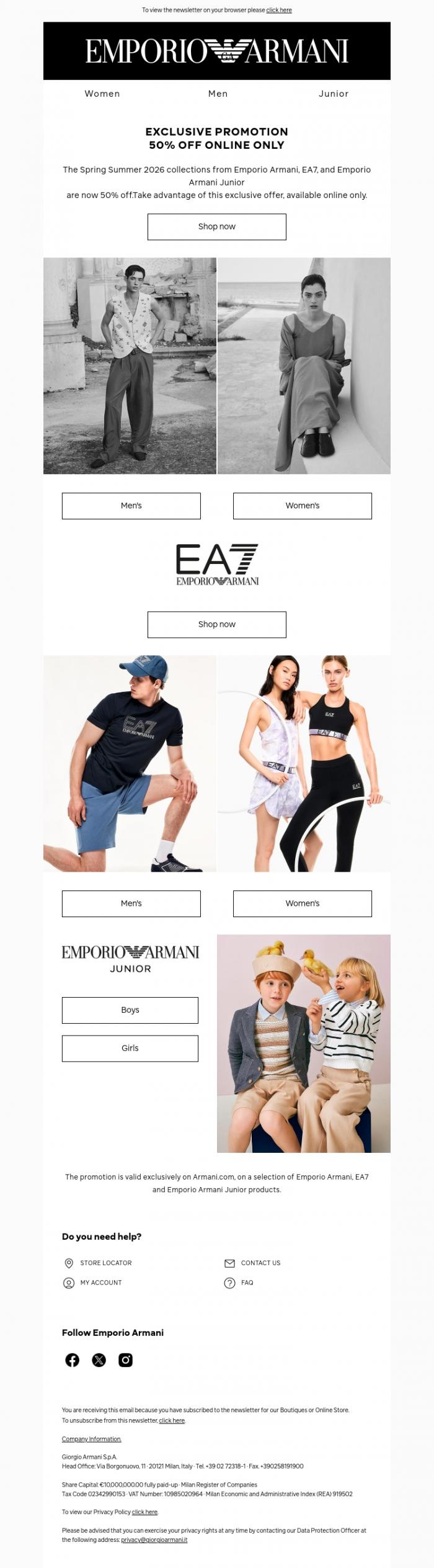 Email Design Inspiration from Emporio Armani, Online only: 50% off Emporio Armani and EA7