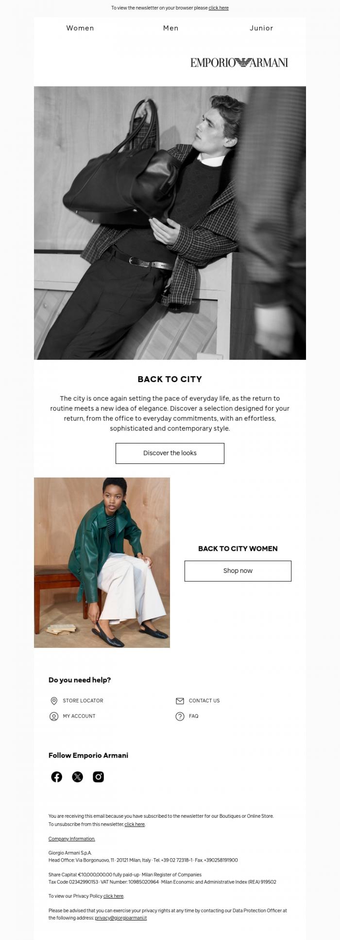 Email Design Inspiration from Emporio Armani, Back to City: discover the new urban wardrobe