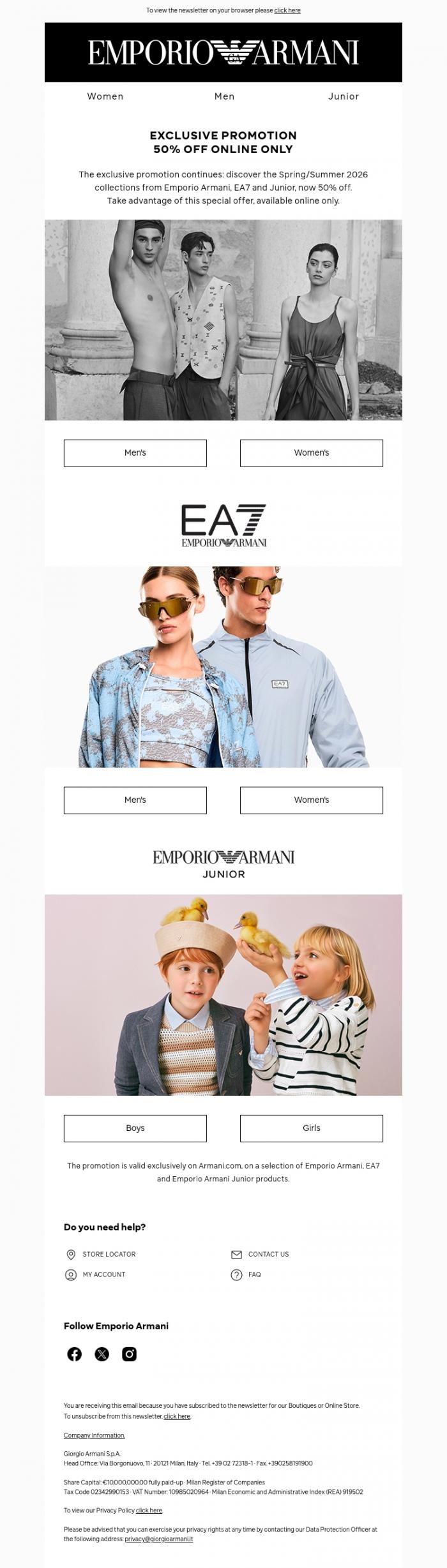 Email Design Inspiration from Emporio Armani, The promotion continues: 50% off online only