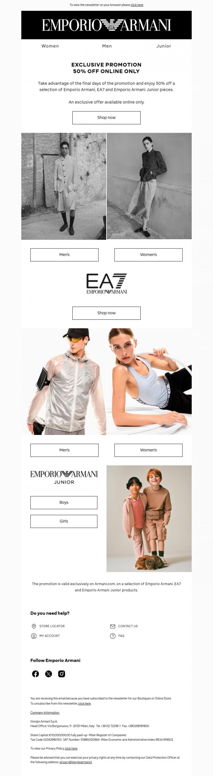 Email Design Inspiration from Emporio Armani, Online only 50% off: last chance