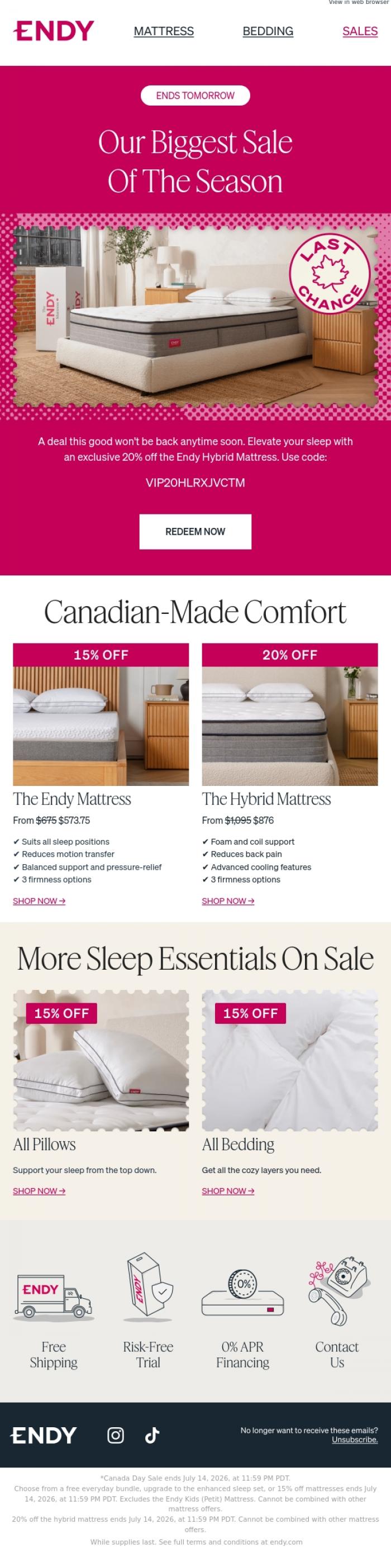 Email Design Inspiration from Endy, Your 20% off ends tomorrow!