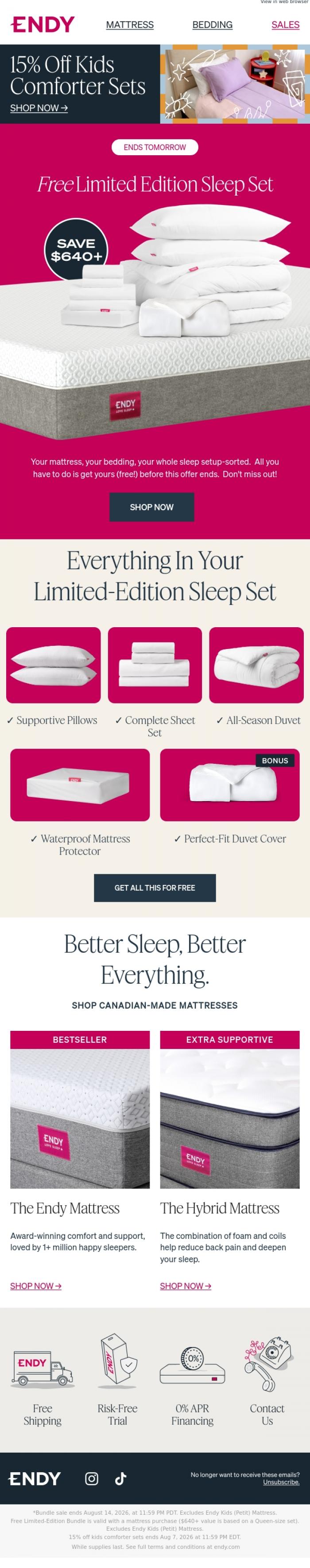 Email Design Inspiration from Endy, LAST CHANCE: $640+ in free bedding 🛌