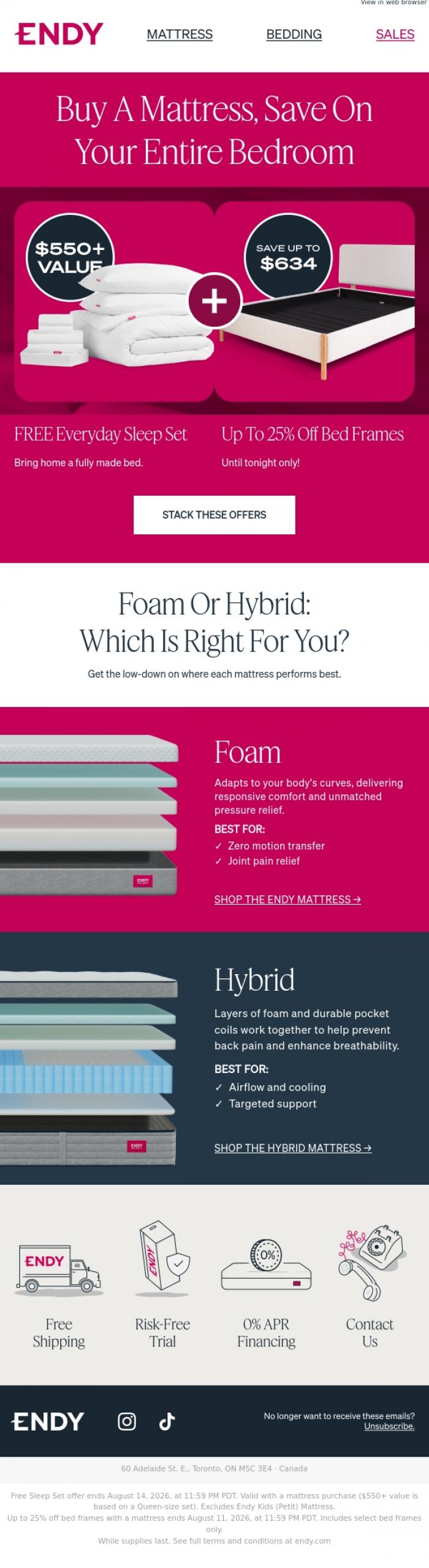 Email Design Inspiration from Endy, Ends tonight! $1,000+ off with this double deal 🙌