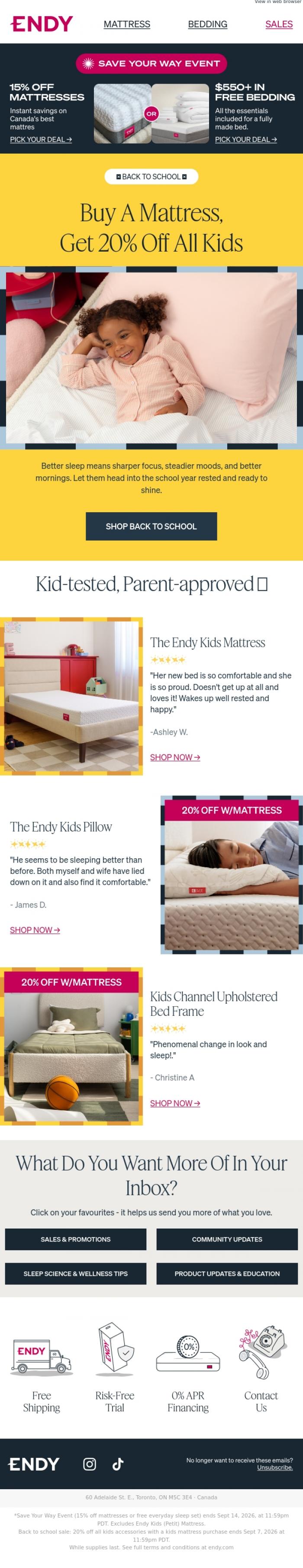 Email Design Inspiration from Endy, 20% off for back to school 📚