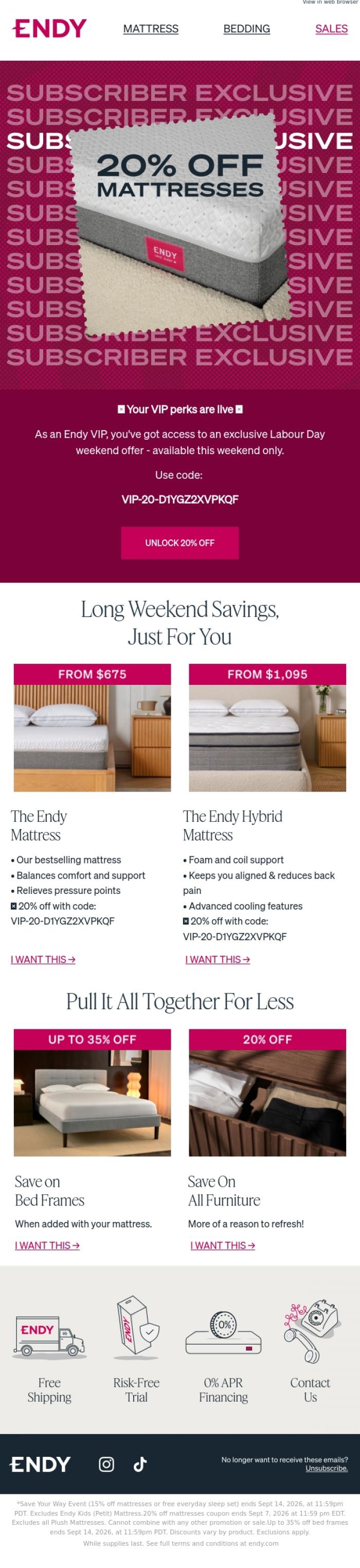 Email Design Inspiration from Endy, 20% off mattresses for Labour Day 🔥