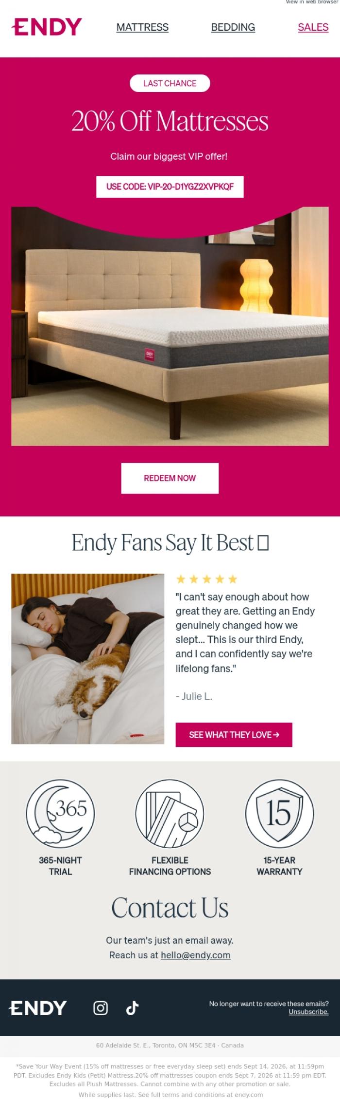 Email Design Inspiration from Endy, ENDS TONIGHT: 20% off mattresses