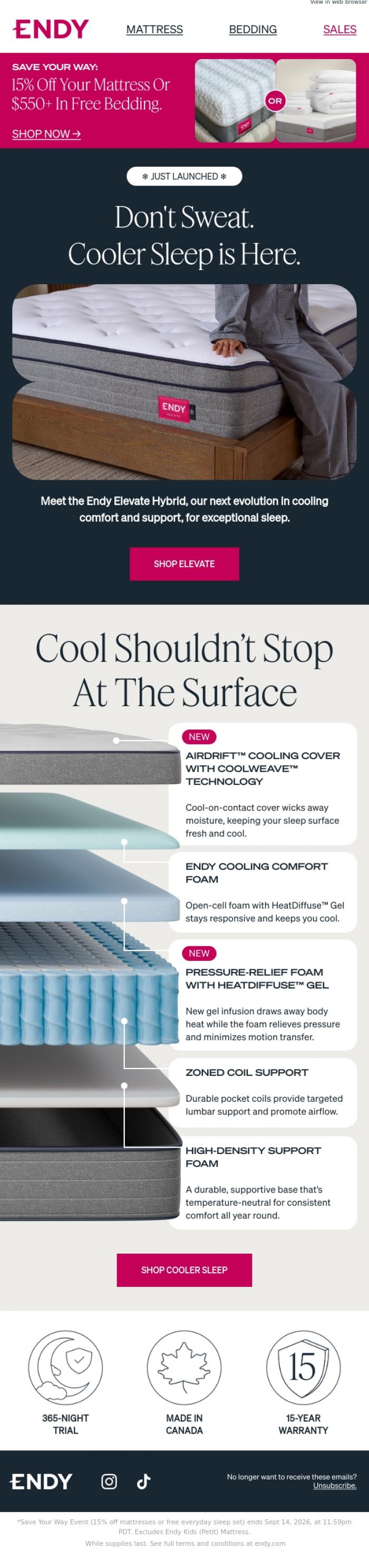 Email Design Inspiration from Endy, Hot sleeper? This hybrid's stays cool ❄️