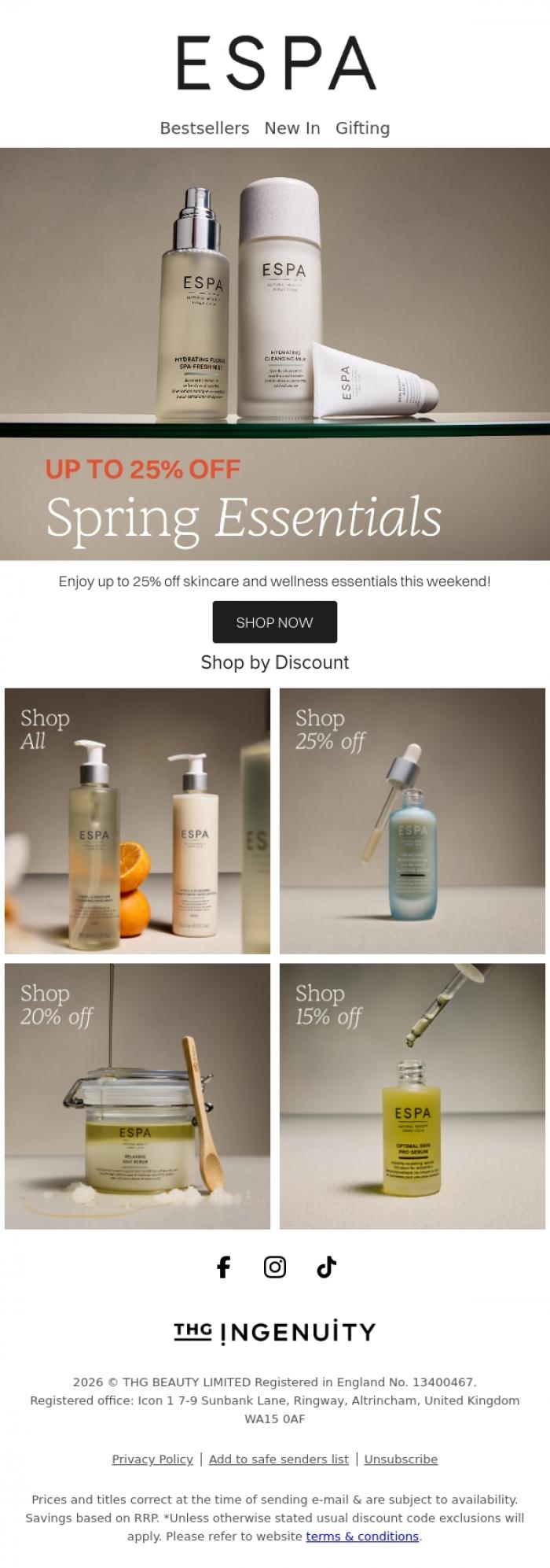 Email Design Inspiration from ESPA, Up to 25% off Spring Essentials
