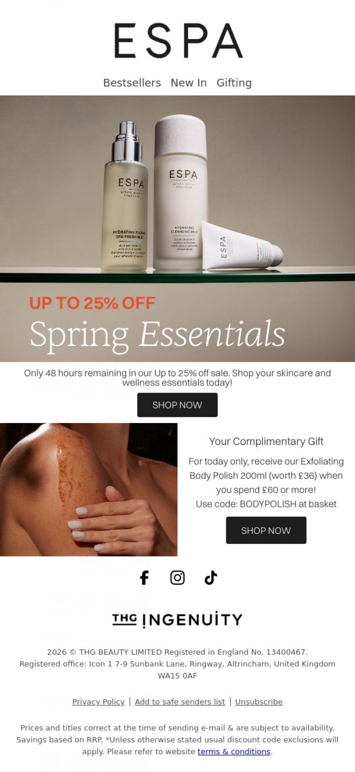 Email Design Inspiration from ESPA, Up to 25% off savings
