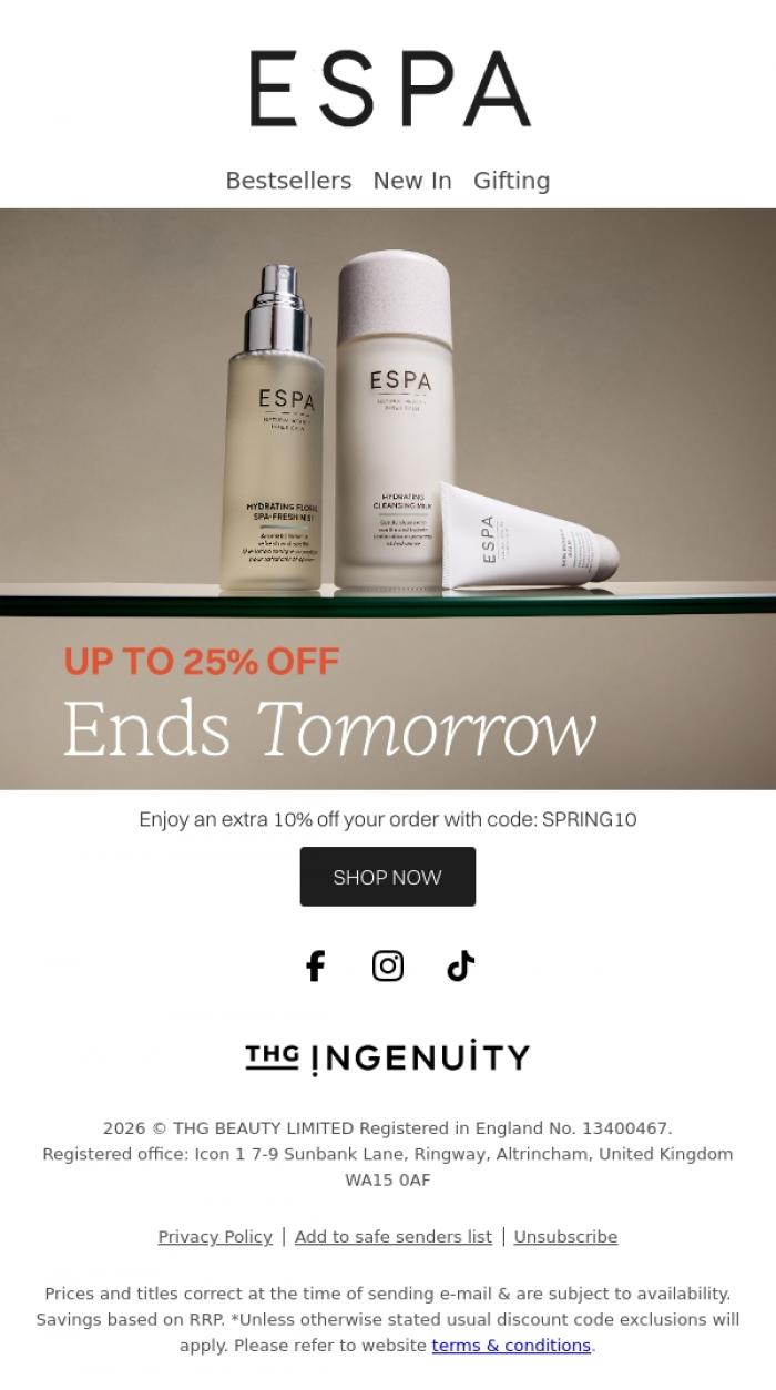 Email Design Inspiration from ESPA, Extra 10% off your order today only