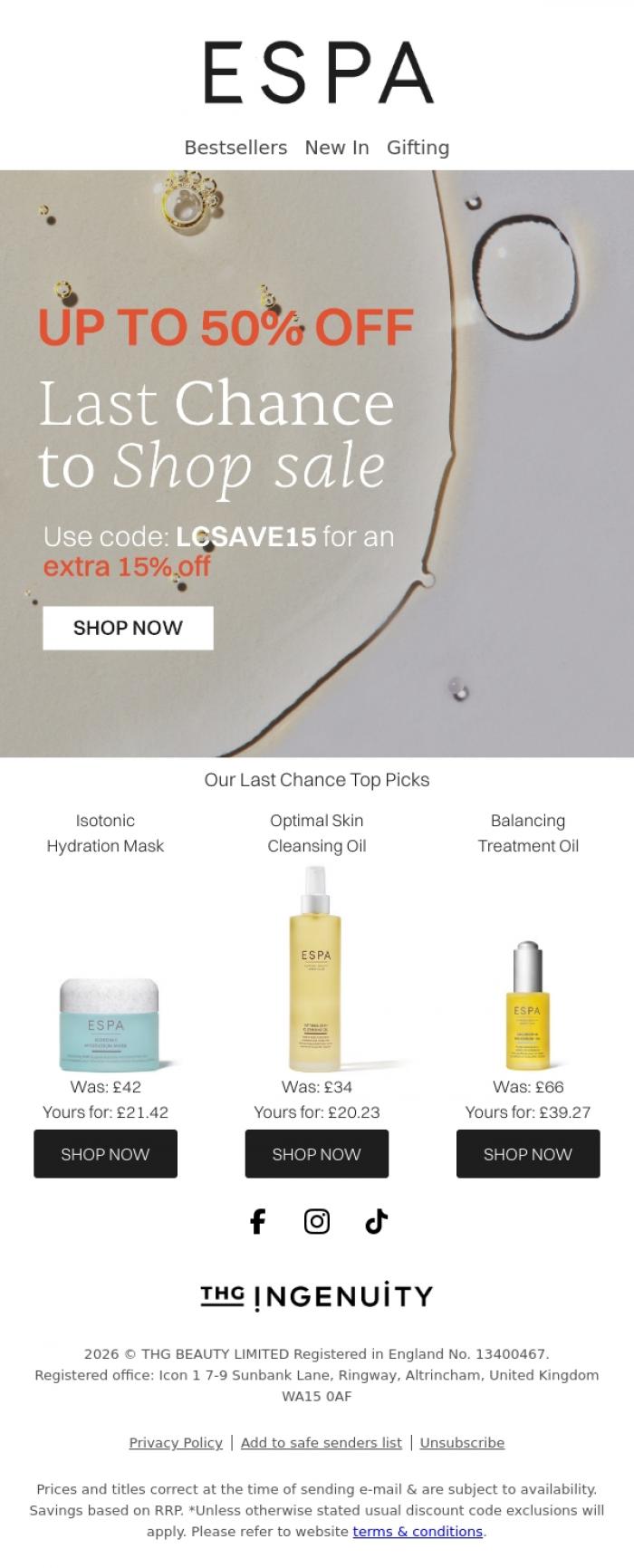 Email Design Inspiration from ESPA, Extra 15% off our Last Chance to Shop Sale