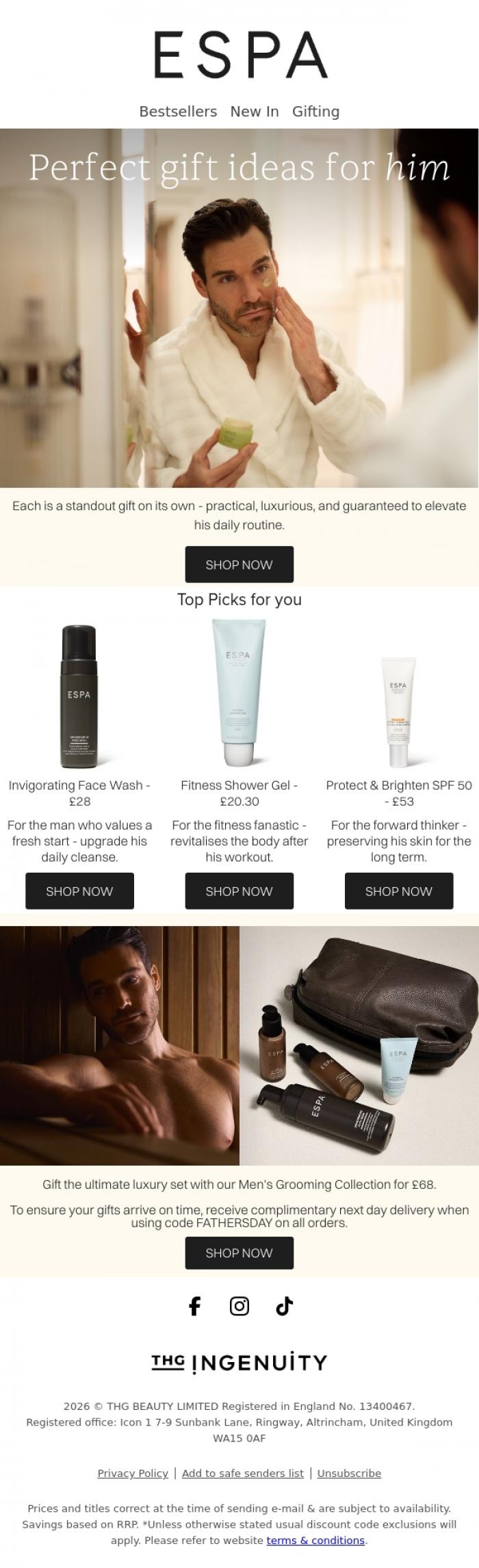Email Design Inspiration from ESPA, Still searching for his perfect gift?