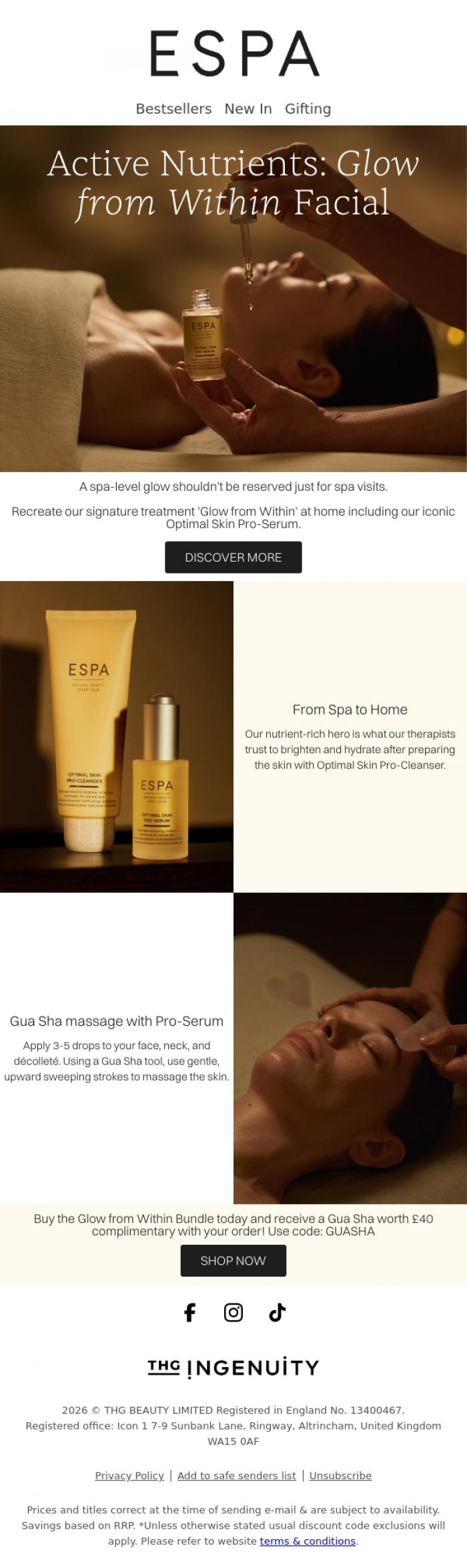 Email Design Inspiration from ESPA, Recreate the Glow From Within Treatment with our Optimal Skin Pro-Serum