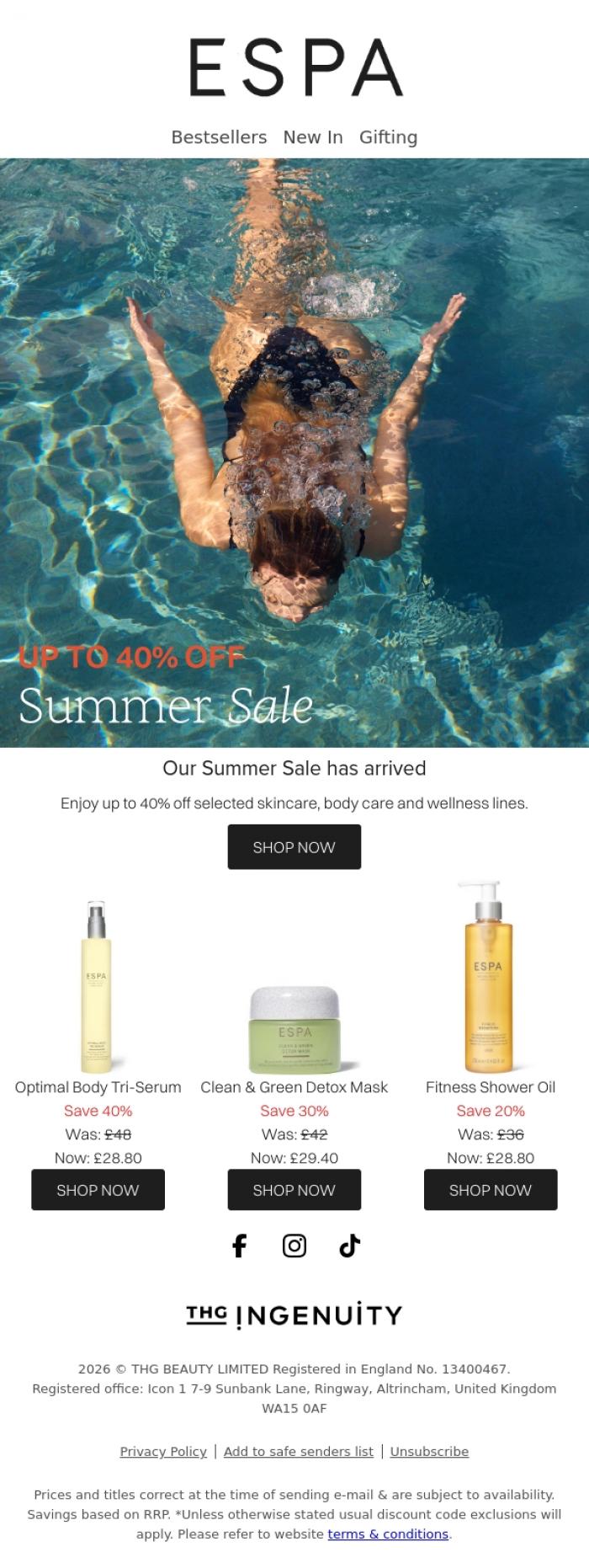 Email Design Inspiration from ESPA, Up to 40% off Summer Sale has arrived