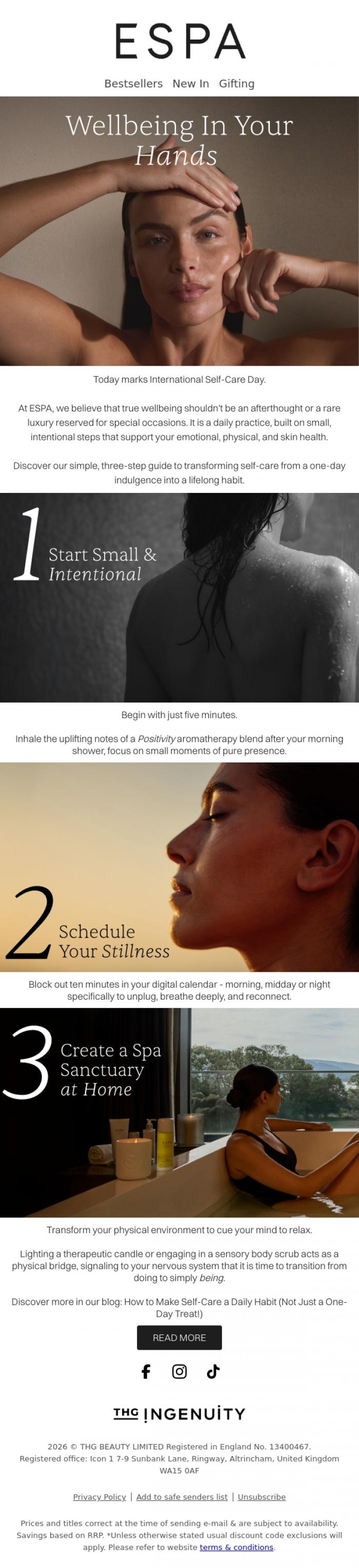 Email Design Inspiration from ESPA, Today is International Self-Care Day. Make it a daily habit.