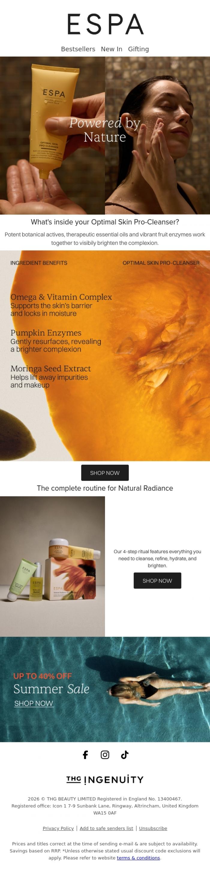 Email Design Inspiration from ESPA, Visibly brighter skin, powered by nature