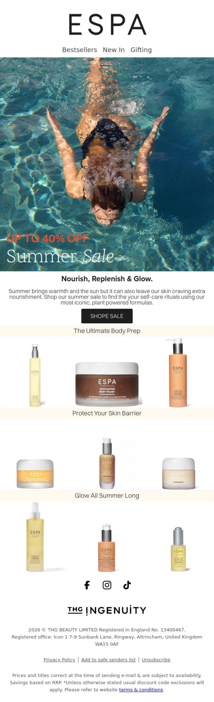 Email Design Inspiration from ESPA, Sun-kissed, hydrated, and calm: The Summer Sale Edit