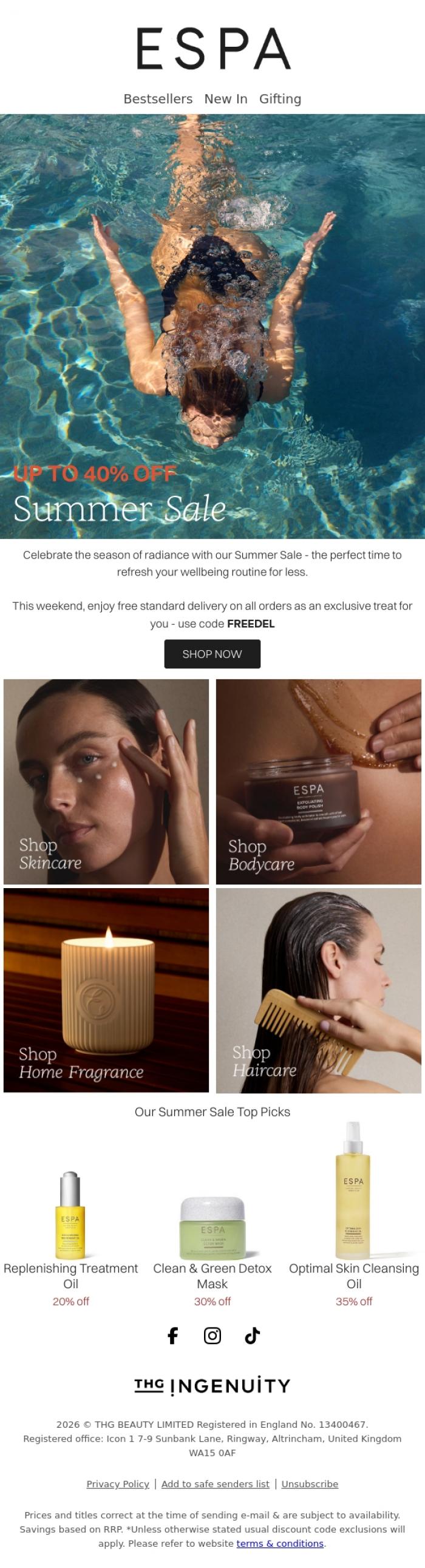 Email Design Inspiration from ESPA, Your Summer Sanctuary Awaits ✨ | Up to 40% Off + Free Delivery
