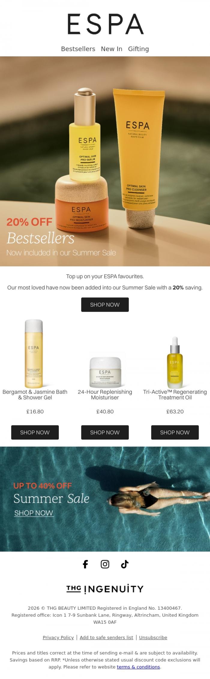Email Design Inspiration from ESPA, Shop 20% off bestsellers