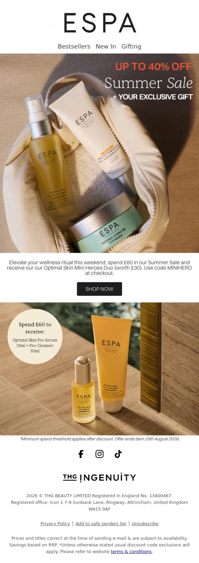 Email Design Inspiration from ESPA, Up to 40% off Summer Sale