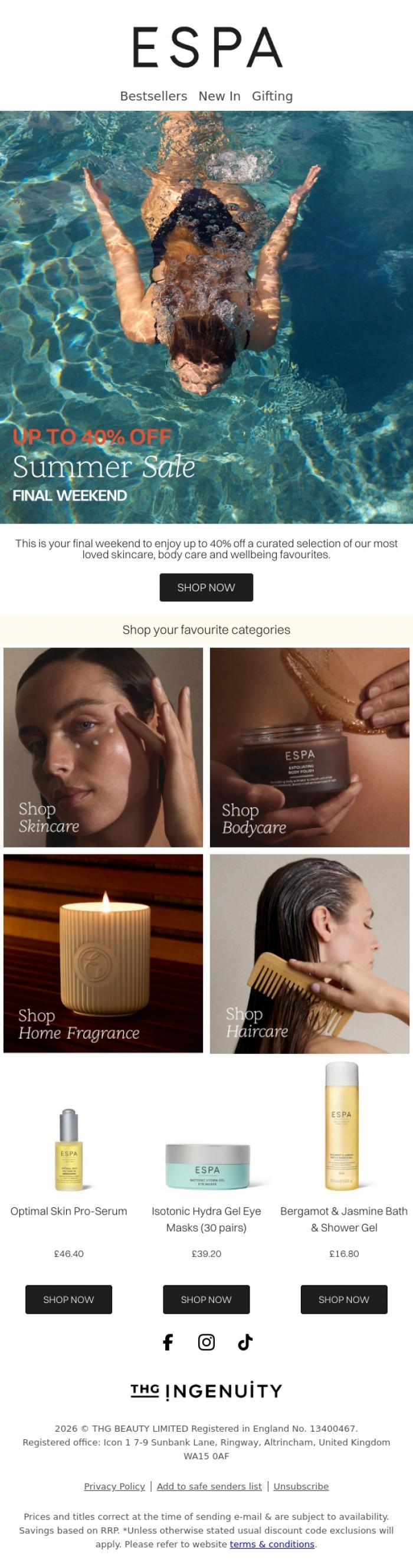 Email Design Inspiration from ESPA, Final weekend for Up to 40% off Summer Sale