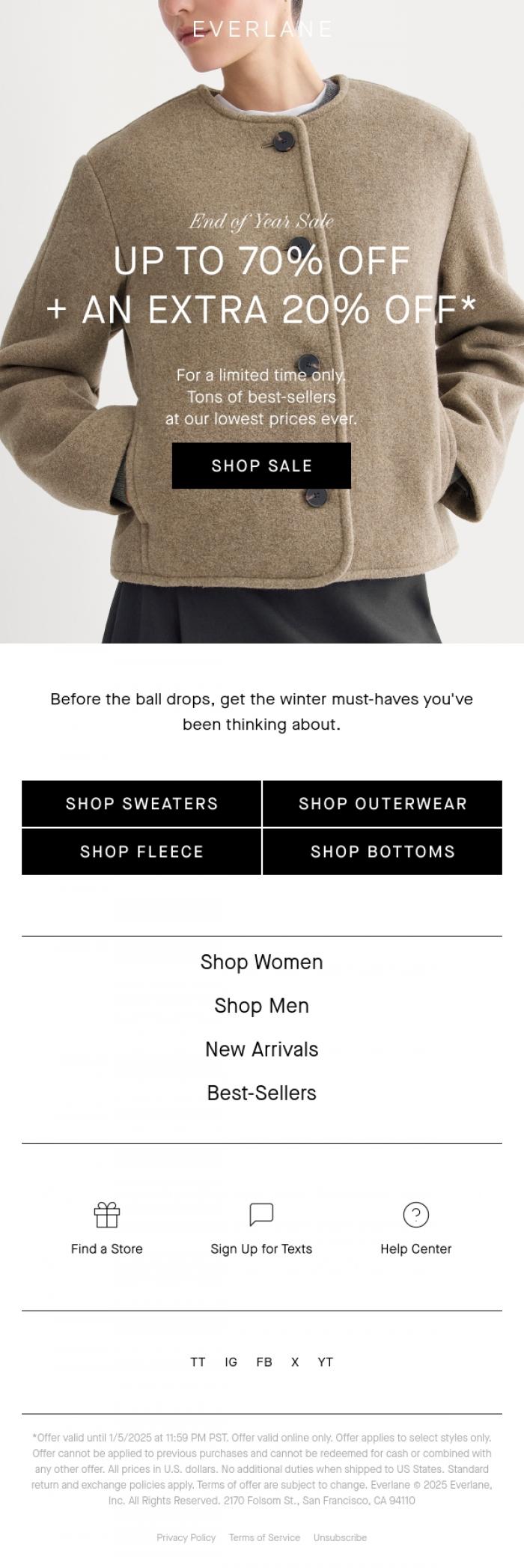 Email Design Inspiration from Everlane, Up to 70% Off: Last Call for 2025