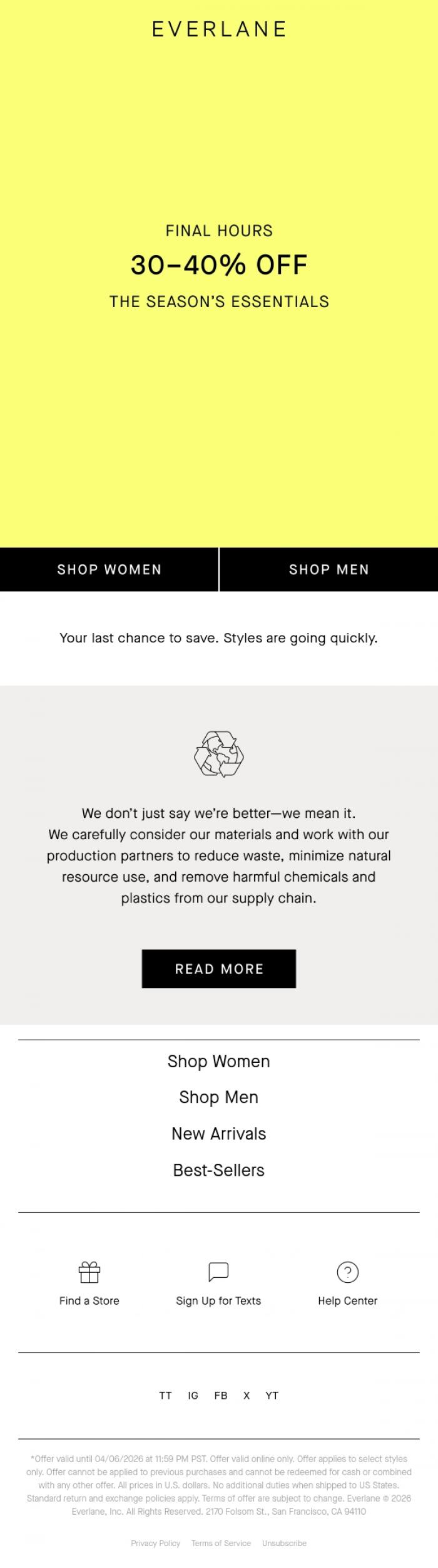 Email Design Inspiration from Everlane, Final Hours: 30-40% Off Essentials