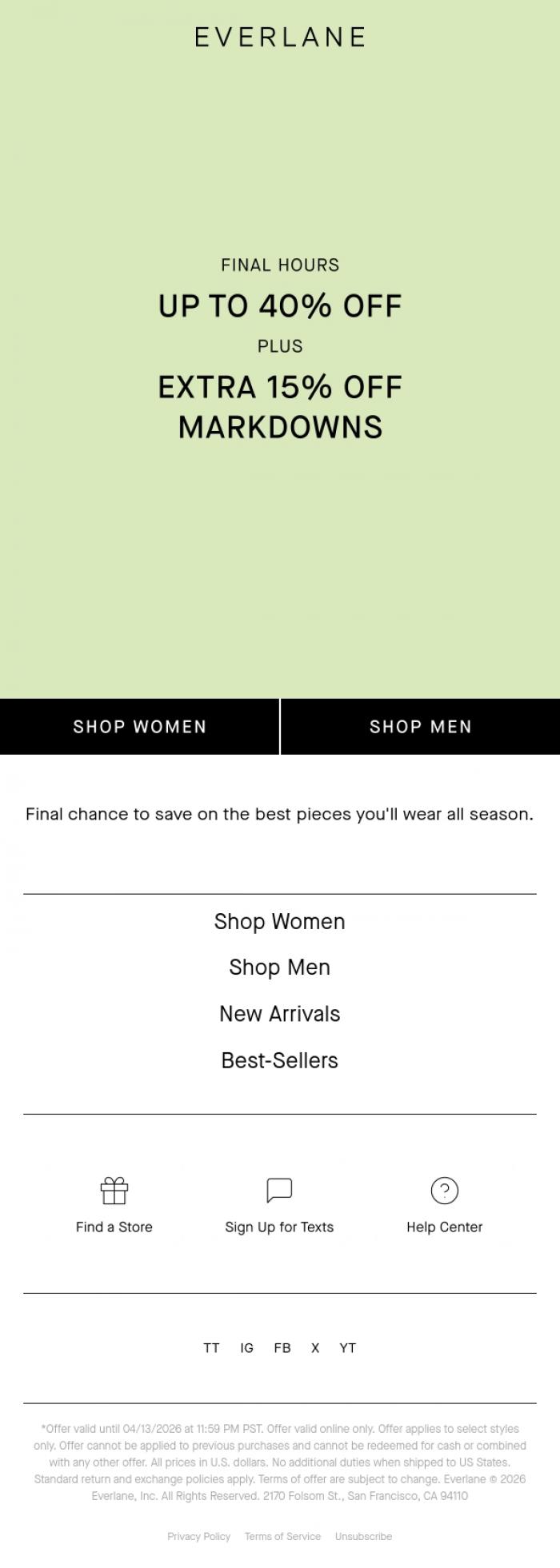 Email Design Inspiration from Everlane, Final Hours: Up To 40% Off