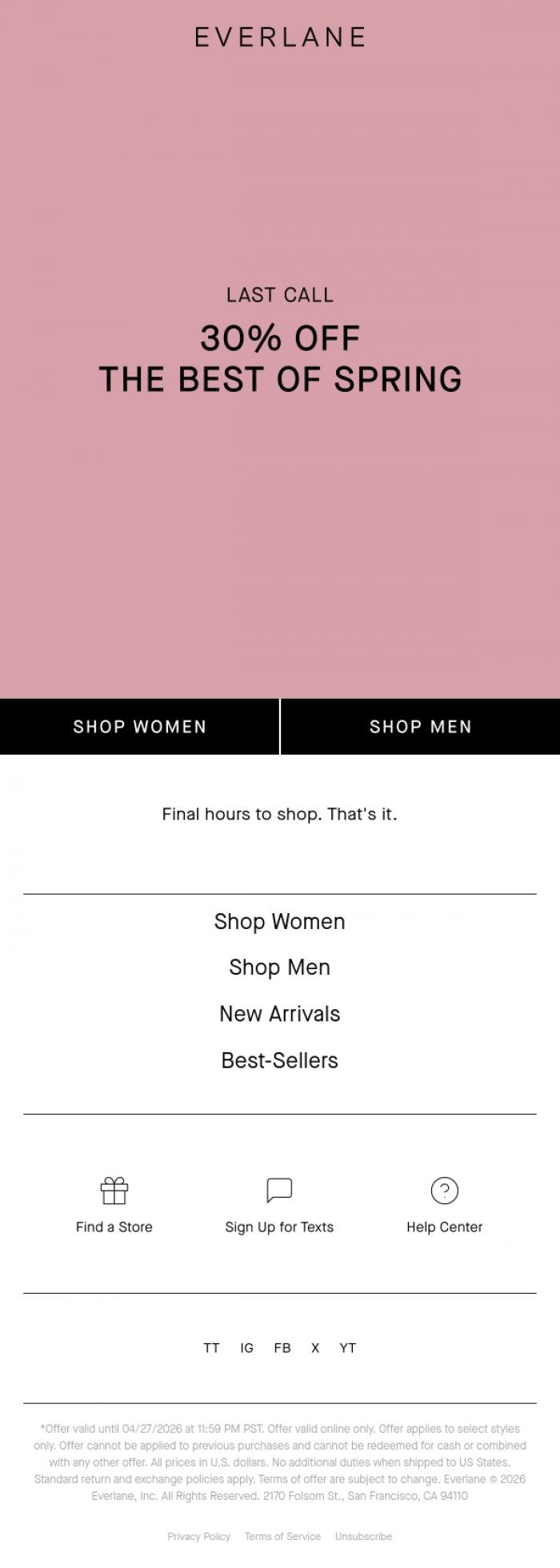 Email Design Inspiration from Everlane, Final Hours: 30% Off The Best Of Spring