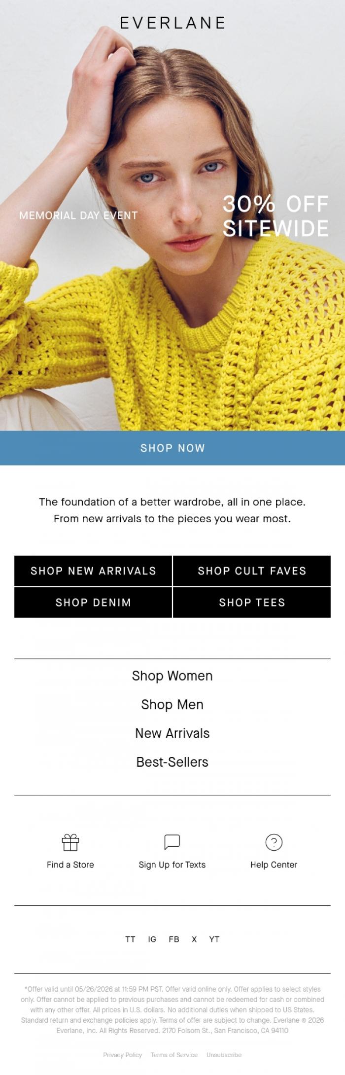 Email Design Inspiration from Everlane, 30% Off Sitewide, Starting Now