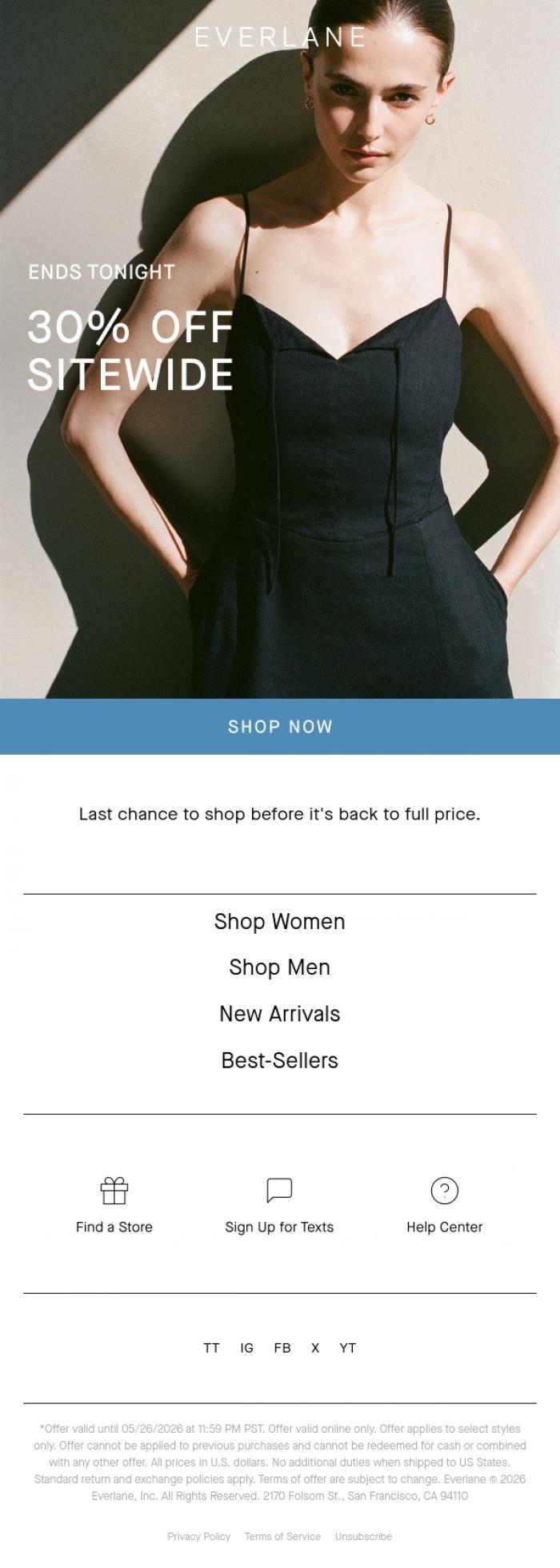 Email Design Inspiration from Everlane, Ends Tonight: 30% Off Sitewide