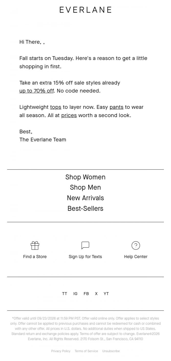 Email Design Inspiration from Everlane, Before Fall: Extra 15% Off Sale Styles