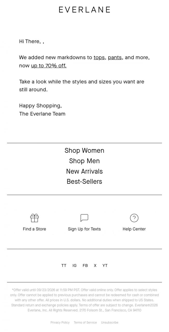 Email Design Inspiration from Everlane, Extra 15% Off New Markdowns