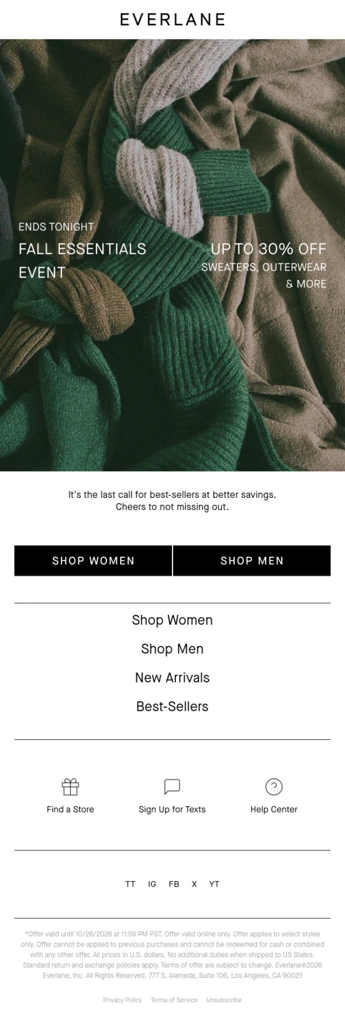 Email Design Inspiration from Everlane, Ends Tonight: Up to 30% Off