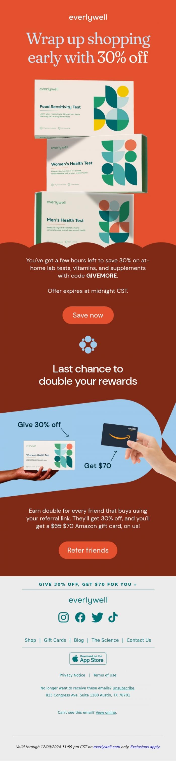 Email Design Inspiration from Everlywell, Hours left to save 30% ⏰