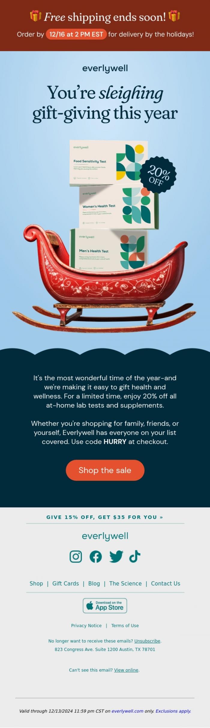 Email Design Inspiration from Everlywell, Holiday savings, wrapped and ready