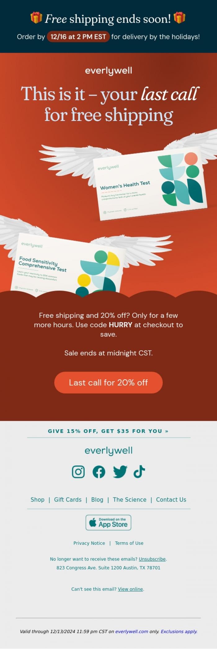Email Design Inspiration from Everlywell, Fa la la la last call for 20% off