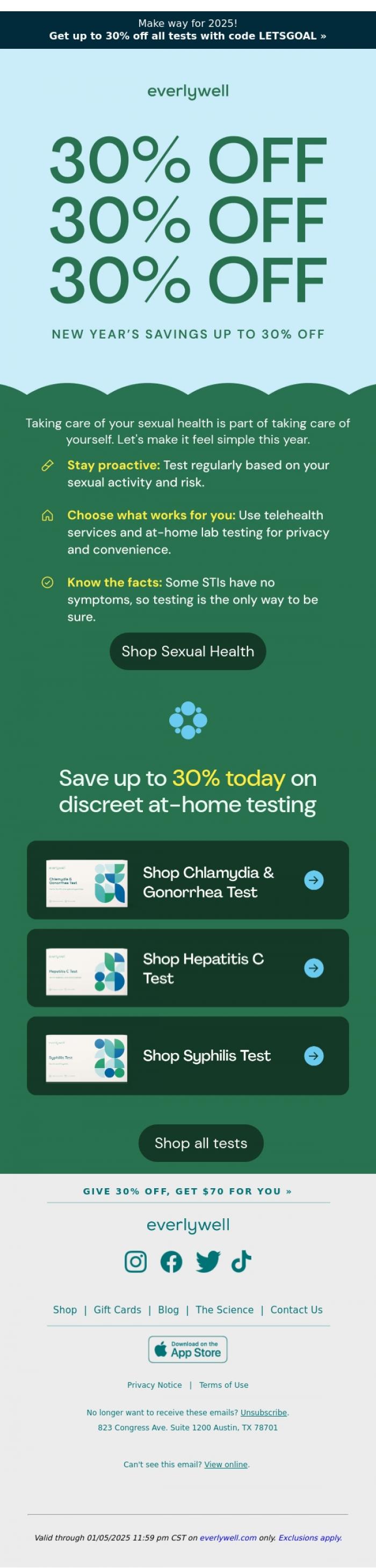 Email Design Inspiration from Everlywell, The real New Year flex? Saving 30% on at-home lab tests