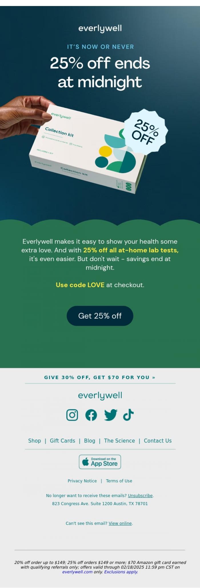 Email Design Inspiration from Everlywell, This is it - 25% off ends tonight 💌