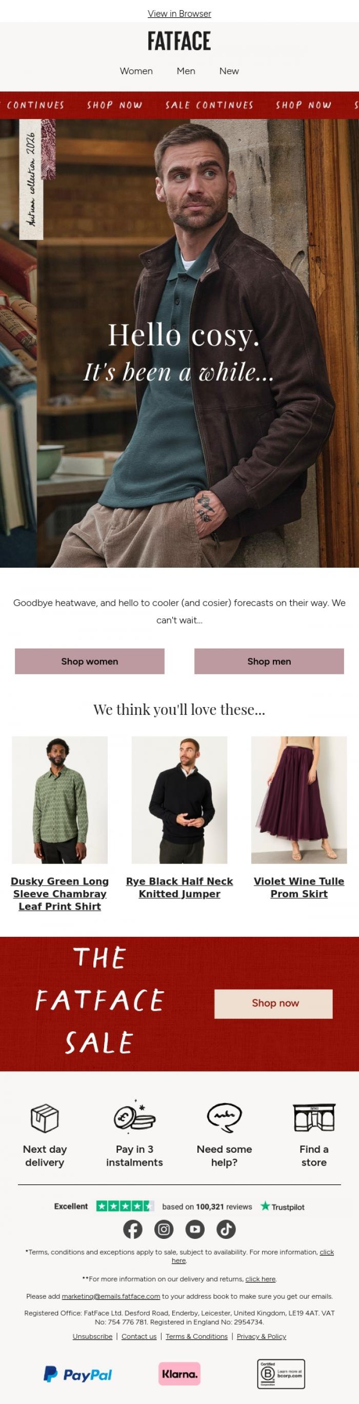 Email Design Inspiration from FatFace, Goodbye heatwave, hello cosy