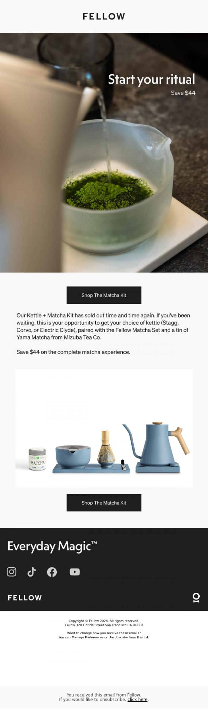 Email Design Inspiration from Fellow, Start your ritual, save $44