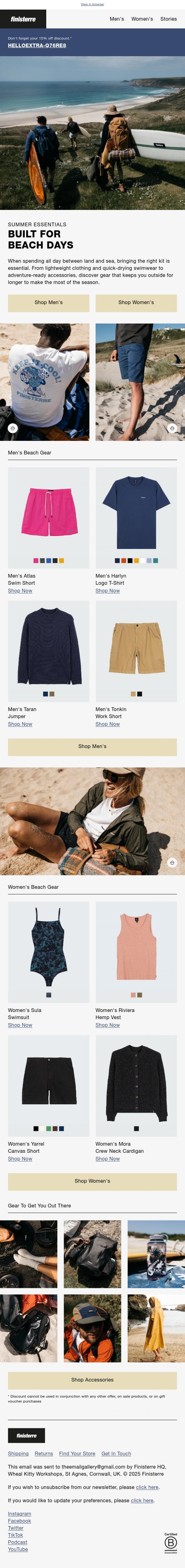 Email Design Inspiration from Finisterre, Bestsellers Built For Beach Days