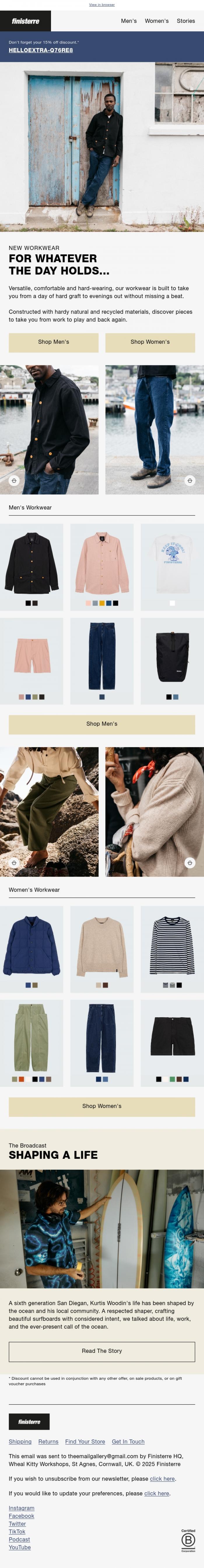 Email Design Inspiration from Finisterre, NEW Workwear For Whatever The Day Holds