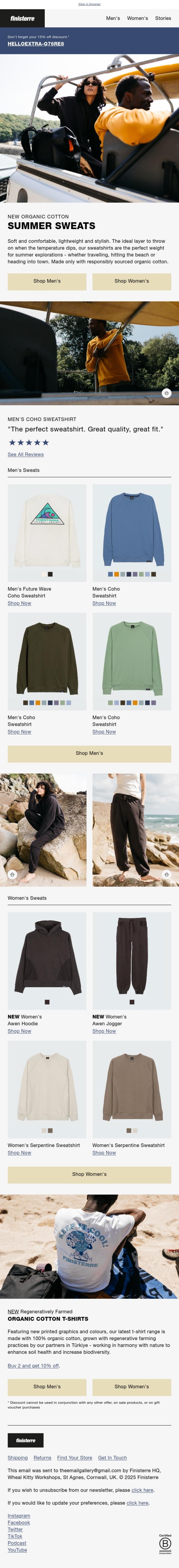 Email Design Inspiration from Finisterre, NEW Summer Sweats