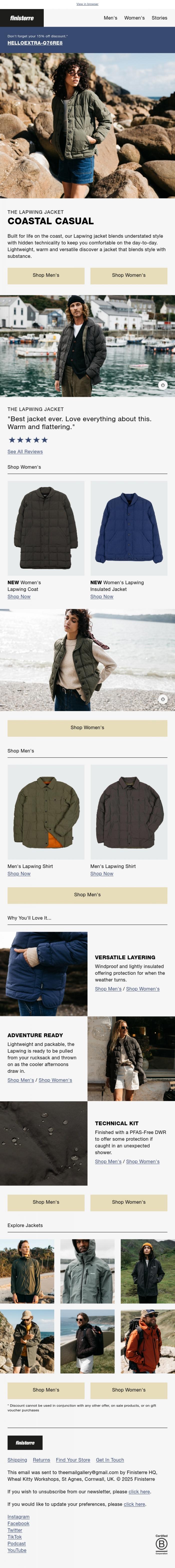 Email Design Inspiration from Finisterre, NEW Lapwing Colour Just Landed