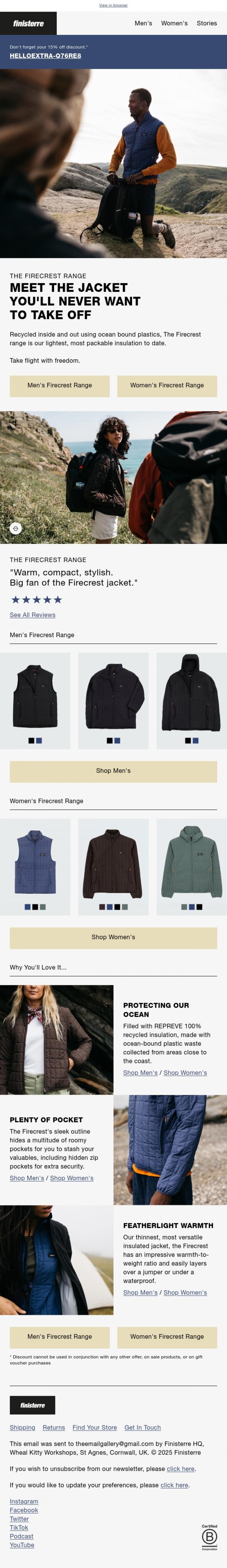 Email Design Inspiration from Finisterre, Firecrest: The Jacket You'll Never Want To Take Off