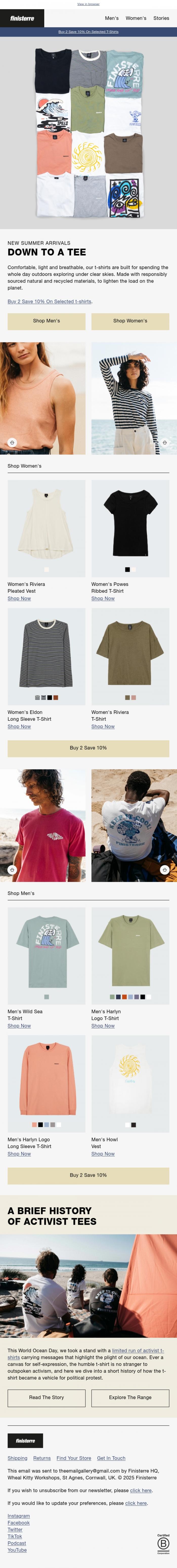 Email Design Inspiration from Finisterre, Buy 2 Get 10% Off On Selected T-Shirts