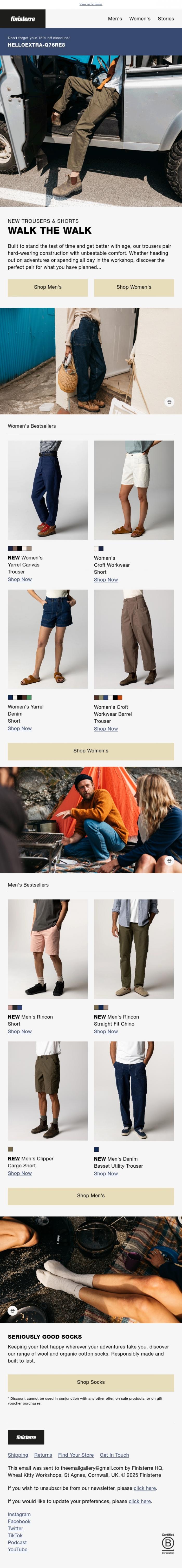 Email Design Inspiration from Finisterre, New Trousers & Shorts For Summer Adventures
